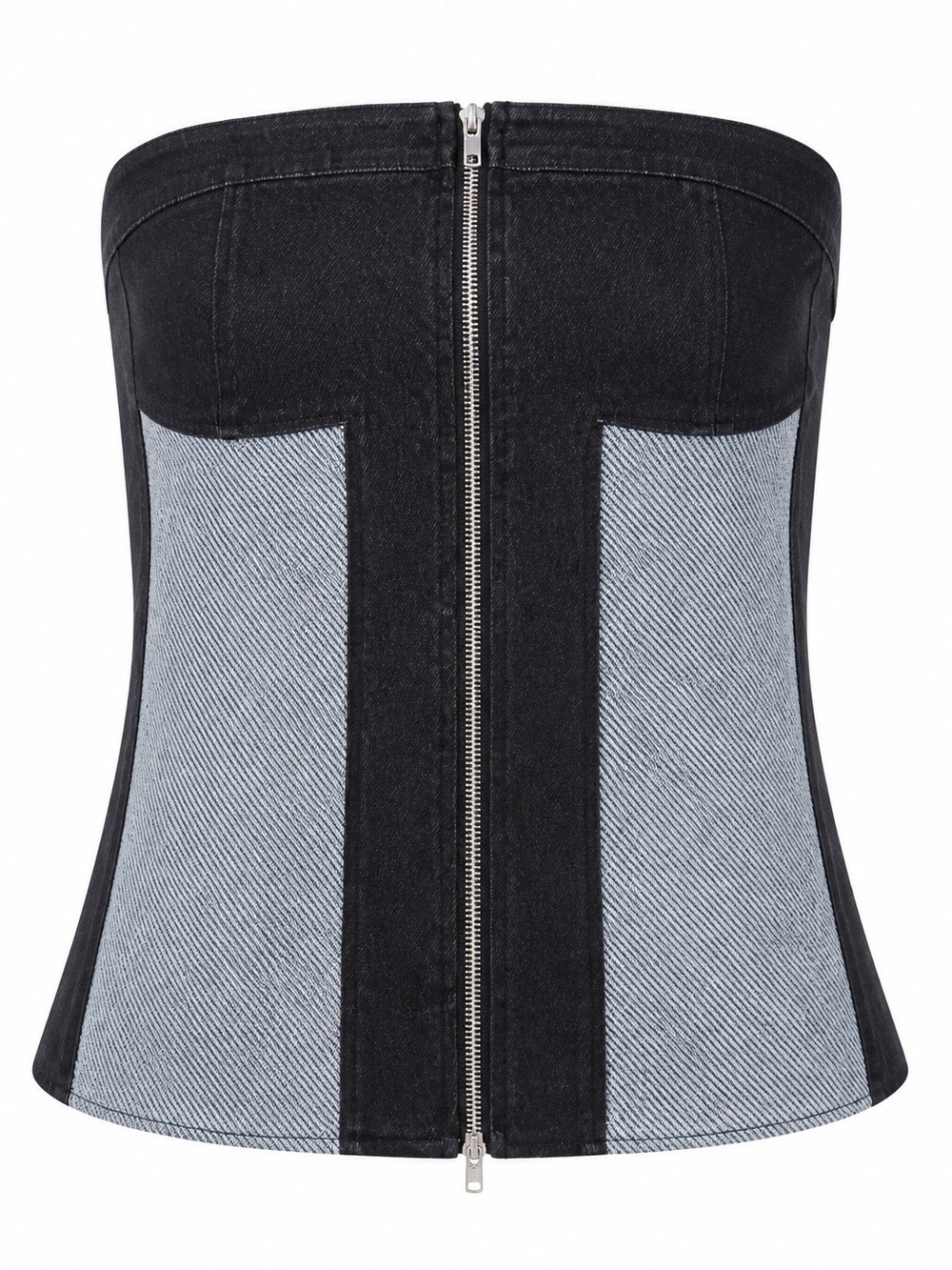 Two-Tone Denim Strapless Corset Top - Black & Gray
